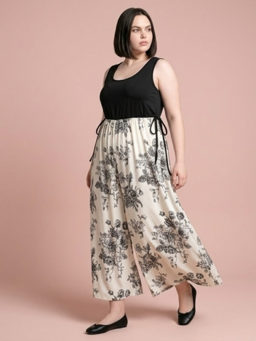 Black Tank Top with Cream Floral Wide-Leg Jumpsuit